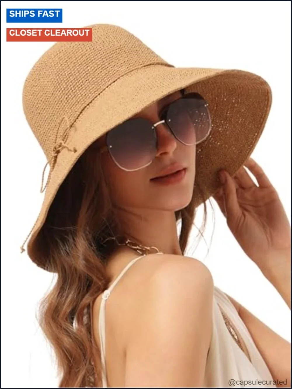 Straw Bucket Hat Wide Brim UPF 50+ Packable Women's Sun Hat